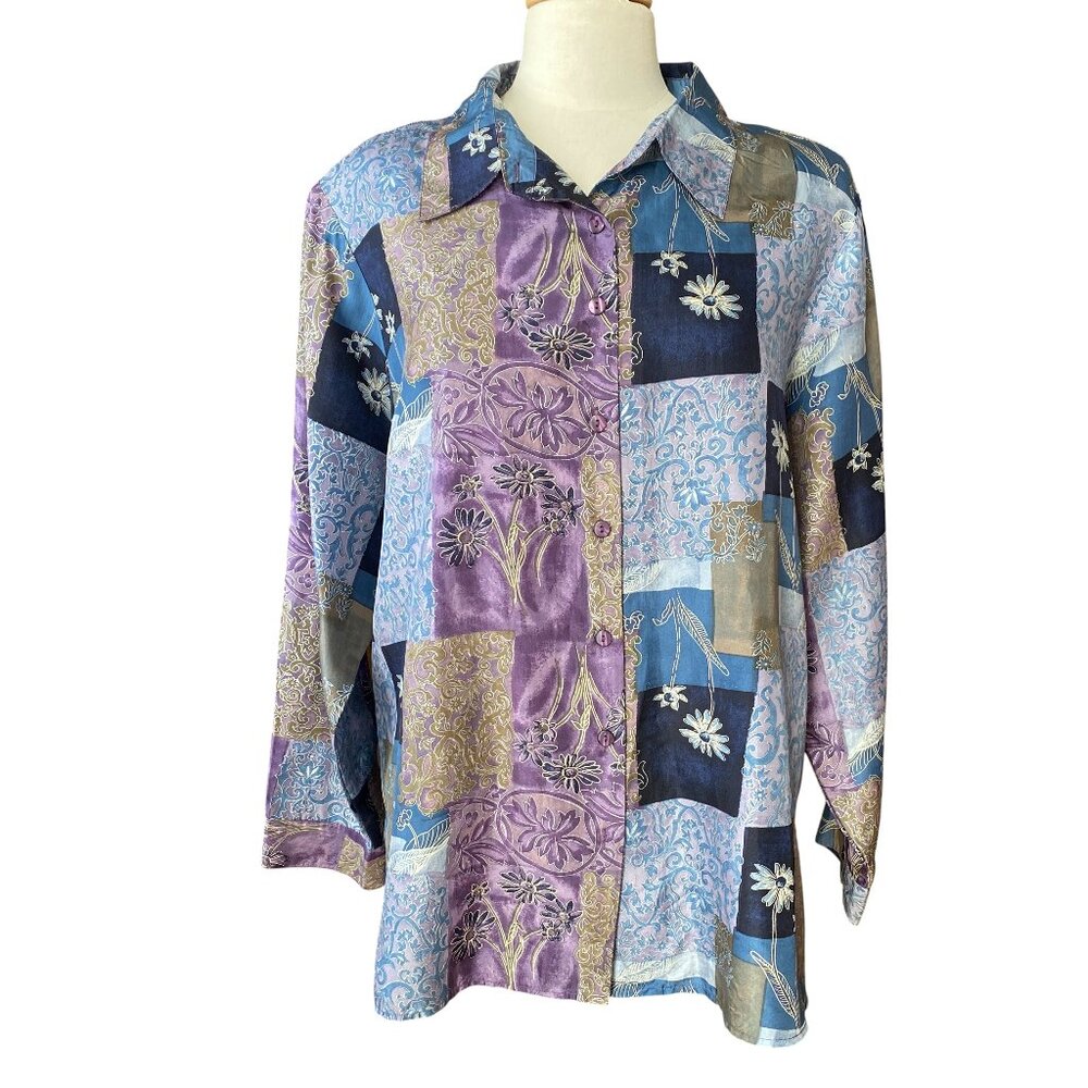 Vintage 90s Stunt 100% Silk Patchwork Floral Button Up Shirt Purple Blue 90s-1X